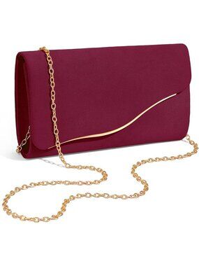 Women's Burgundy Formal Clutch Purse With Detachable Chain Strap Evening Bag